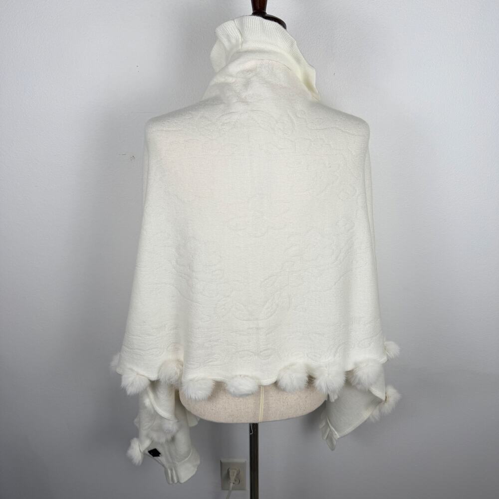 La Fiorentina White Knit Shawl Wrap Rabbit Fur Pom Pom Trimmed Long Scarf Angora - Picture 3 of 13